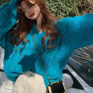 เสื้อกันหนาว คอวี แบบนิ่ม ทรงหลวม สีฟ้า สําหรับผู้หญิง