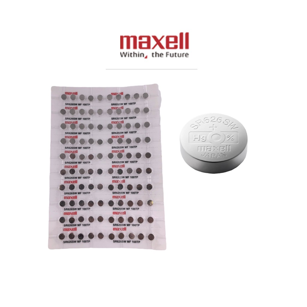 ถ่านนาฬิกา Maxell SR626SW (377) 0% HG Silver Oxide Watch Battery (1.55V) แพคละ 100 เม็ด (B100) แบบหล