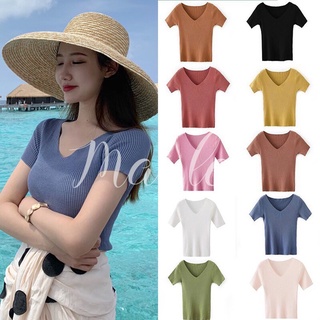 เสื้อไหมพรม  V-neck เสื้อคอวี เสื้อยืดคอวีสีพื้น ผ้าไหมพรม Free Size เสื้อยืดผู้หญิง-D002