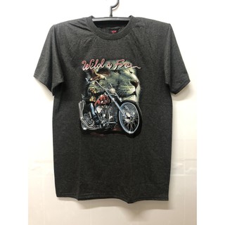 เสื้อยืดแขนสั้นผู้ชาย ผ้าวินเทจ คอกลม T-shirt ลายสิงโต มอเตอร์ไซค์