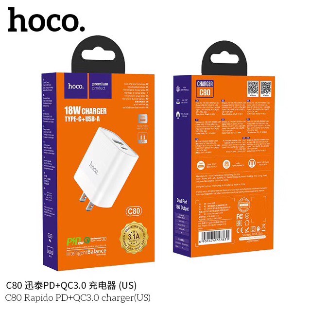 Hoco C80 ชุดชาร์จ Fast Charger / PD Qc3.0 20w for Smartphone and Iphone