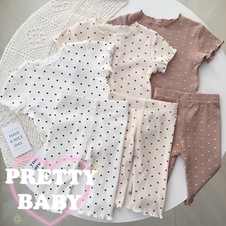 ✗✈❈PRETTY BABY🧸พร้อมส่ง🧸ชุดเซ็ทเด็กผู้หญิง กางเกงสามส่วนลายจุดผ้าร่องนุ่มเด้งลื่น(120)