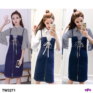 (3271) Set 2 ชิ้น เสื้อแขนยาว เอี้ยมกระโปรงยีนส์