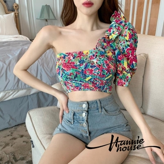 ❥Only➢原文 Women´s Elegant Short Puff Sleeve One Shoulder Floral Print Ruffle Trim Shirt