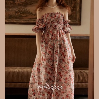 💥Hot sales 🎊New 2022 retro tea break dress midi skirt off shoulder one word neck floral dress women . ลดราคา