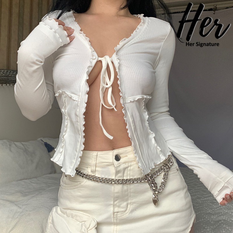 พร้อมส่ง/2สี ครอปสายฝอ ครอปแขนยาว เสื้อเว้าอก เสื้อโชว์อก ปาดไหล่แขนยาว ครอปผ้าร่อง ครอปไหมพรม ครอปผูกหน้า 3807
