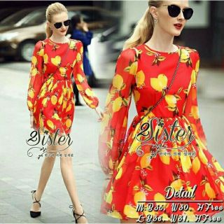 ลดสูงสุด 70% เดรสสั้น ลุคสดใสๆ งานสไตล์แบรนด์ดังจ้า 2sister made, Red Summer Dress with Beauty yellow Fruits Pattern
