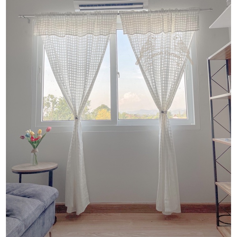 ผ้าม่านผ้าฝ้าย ผ้าม่านสไตล์มินิมอล สีขาวนวล มีเชิงขนาดกว้าง110สูง200cm