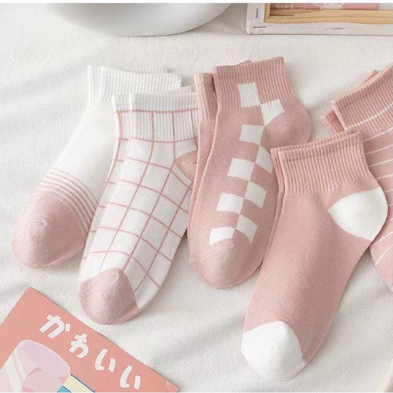 ถุงเท้าข้อสั้น ตารางชมพู 5คู่ ถุงเท้าแฟชั่น  สไตล์เกาหลี ใส่ได้ทั้ง ช/ญ - รูปที่ 7