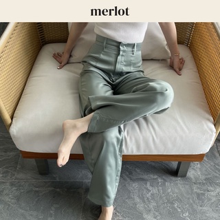 Merlot - Longe Pants (กางเกงขายาวสีเขียว/สีครีม ผ้าลื่น) พร้อมส่ง