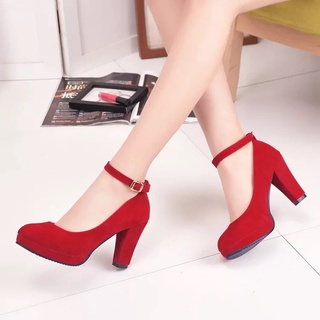 รองเท้าส้นสูง หนังกลับ หัวมน สีแดง แบบเป็นทางการ แฟชั่นสําหรับสตรี
