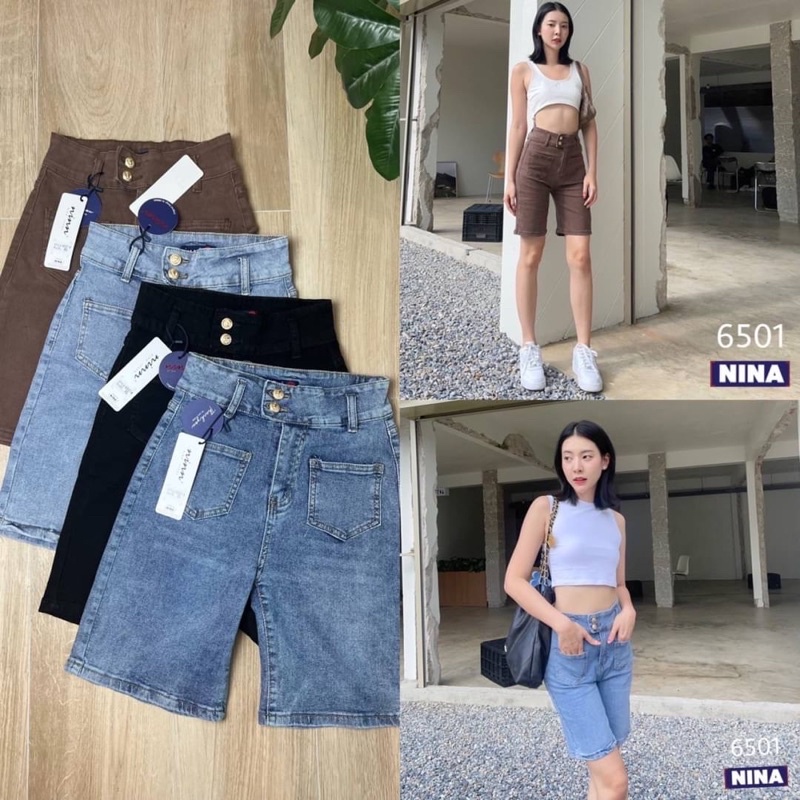 NN-ST  6501 กางเกงยีนส์ขาสามส่วนผ้ายืดหยุ่นงานดี  แต่งขอบยื่นกระดุมทองเอวสูงปรี๊ด เก็บทรงเก็บ ราคา ถูกที่สุด ดีลบีเคเค