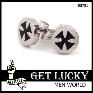 E8781 จิวเกาหลี จิวแฟชั่น GET LUCKY ตุ้มหูผุ้ชาย จิวหู สีเงิน (2ชิ้น) จิวหน้ากลม ลายกังหัน