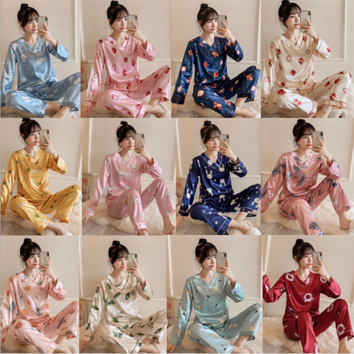 SVS V คอชุดนอนผู้หญิงผ้าไหมซาตินชุดนอนชุดนอนแขนยาวชุดนอน Baju Tidur ชุด