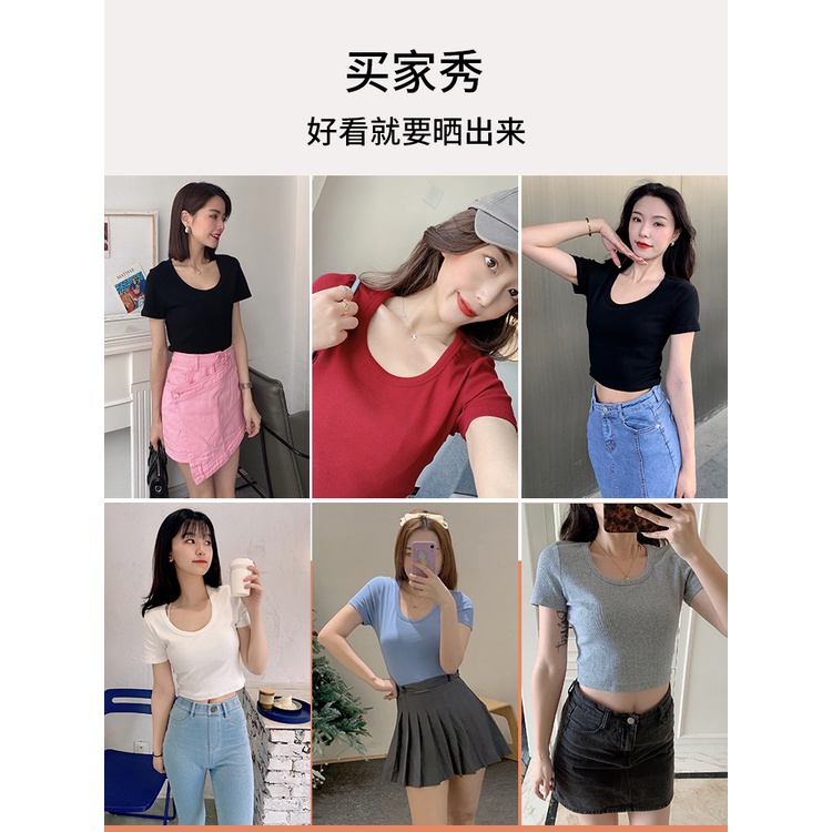 ผ้าฝ้ายถักแขนสั้นTเสื้อยืดสั้นฤดูร้อนของผู้หญิง2021ใหม่สะดือสีขาวผอมเอว ...
