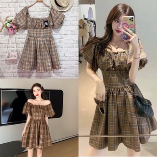 พร้อมส่ง มินิเดรสลายสก็อต แขนตุ๊กตาพอง เดรสกระโปรง งาน88closet