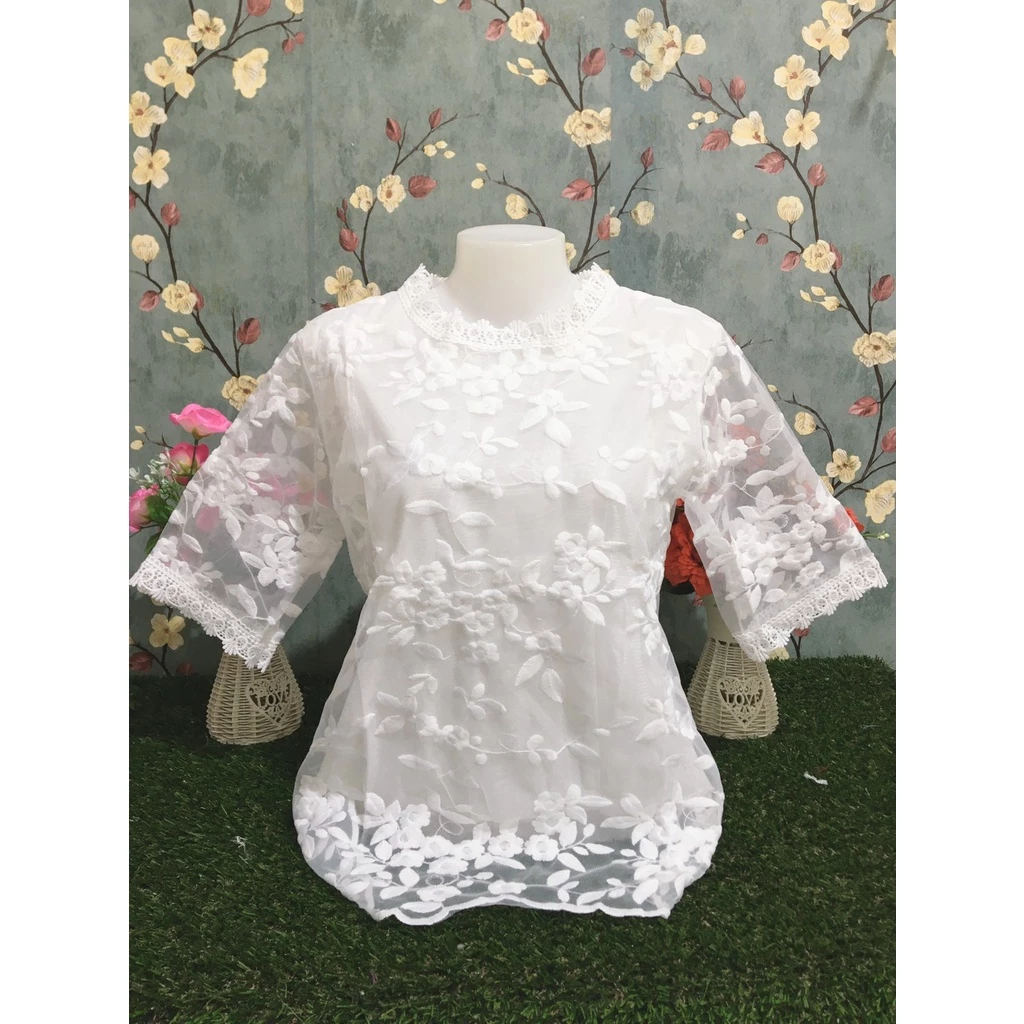 เสื้อลูกไม้ผู้หญิง อก40และ46นิ้ว สีขาว/ดำ ใส่กับผ้าถุง สำหรับสาวอวบ รุ่น4076-4676