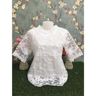 เสื้อลูกไม้ผู้หญิง อก40และ46นิ้ว สีขาว/ดำ ใส่กับผ้าถุง สำหรับสาวอวบ รุ่น4076-4676