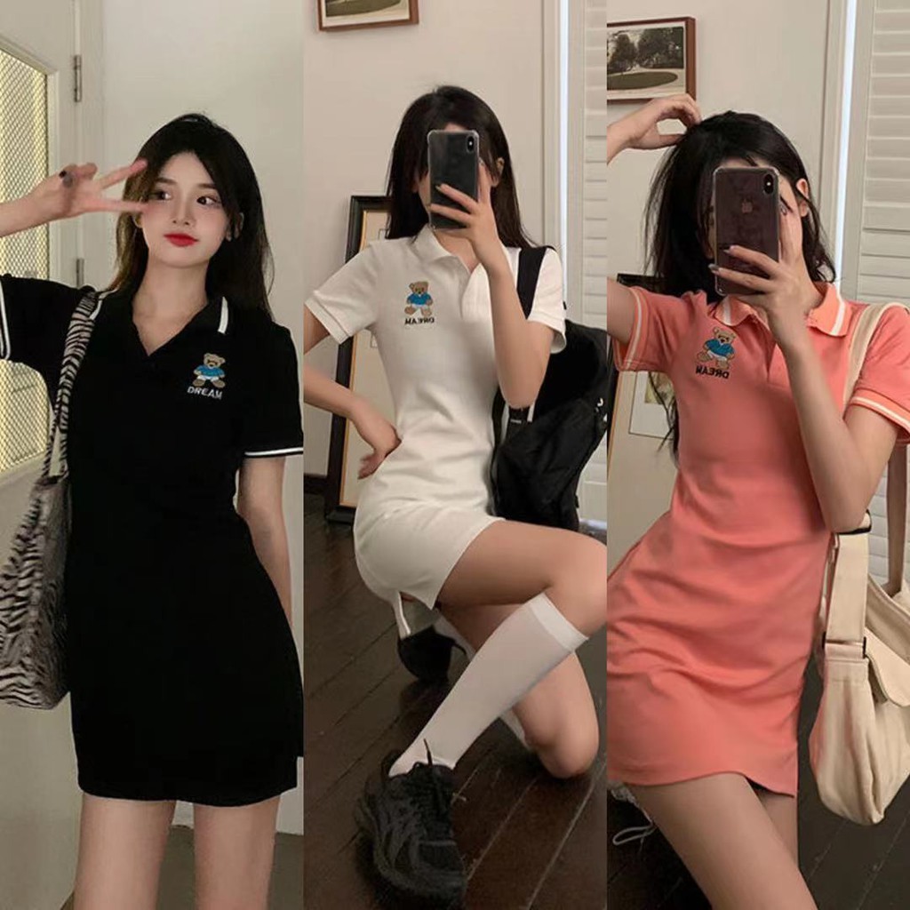 TTS พร้อมส่ง🔥🌺 ฤดูร้อนใหม่สไตล์เกาหลีคอโปโลหมีปักเอวซูเปอร์สลิมแขนสั้นเดรส