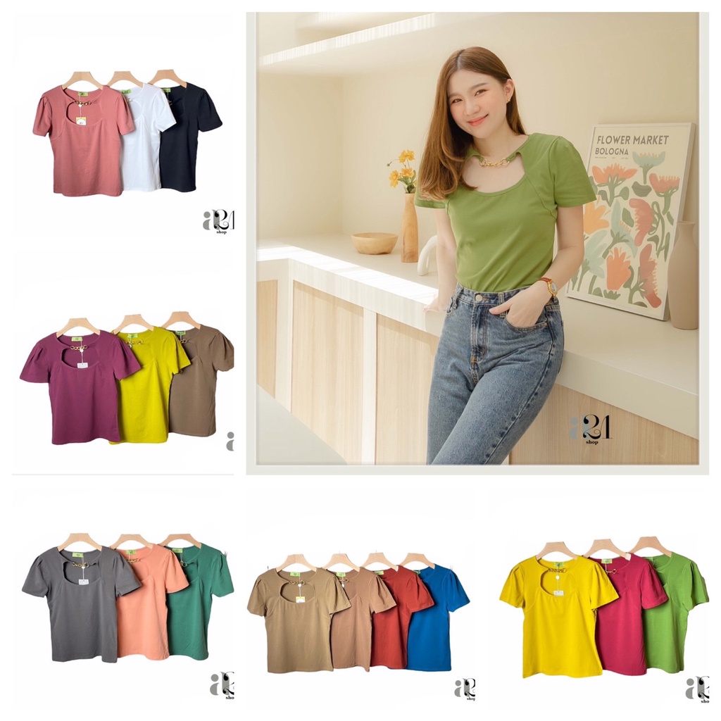 A21​ เสื้อยืดแขนตุ๊กตา​ แต่งโซ่คอ1เส้น T-Shirtnista  (A4D)