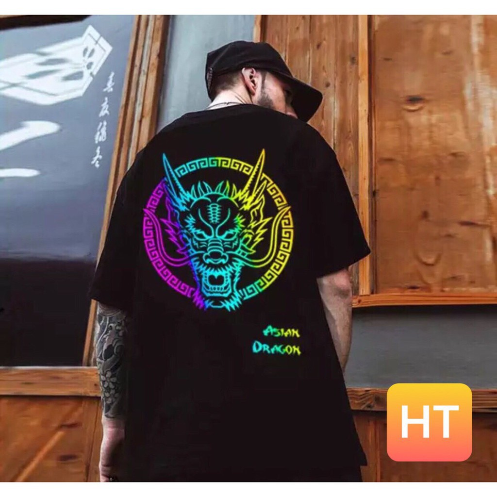 RIDU เสื้อยืดผ้าฝ้ายพิมพ์ลายสะท้อนแสง Asian Dragon 7 สี โอเวอร์ไซส์ unisex ดีมาก ATPQ2