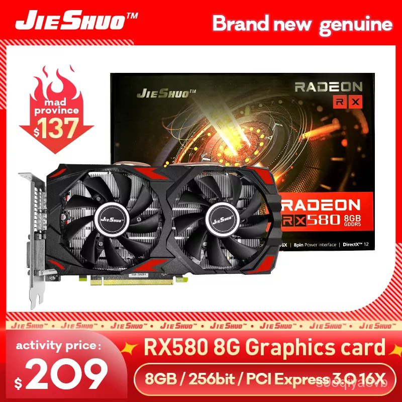 JIESHUO Graphics Cards AMD RX 580 8G For GDDR5 GPU mining Video Card RX 580 8GB 256Bit 2048SP Computer VGA RX580 hashrat