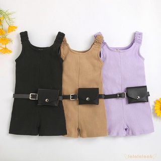 LAA6-Girl´s Jumpsuit Set, Wide Strap Sleeveless Ribbed Short Playsuit + Waist Bag