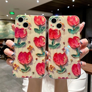 เคสโทรศัพท์มือถือแบบนิ่ม TPU ลายดอกทิวลิป แต่งกลิตเตอร์ พลอยเทียม สีแดง หรูหรา สําหรับ iPhone 14 13 12 11 Pro MAX 14Pro 14Plus 13Pro 12Pro XR X XS MAX 8 7 Plus