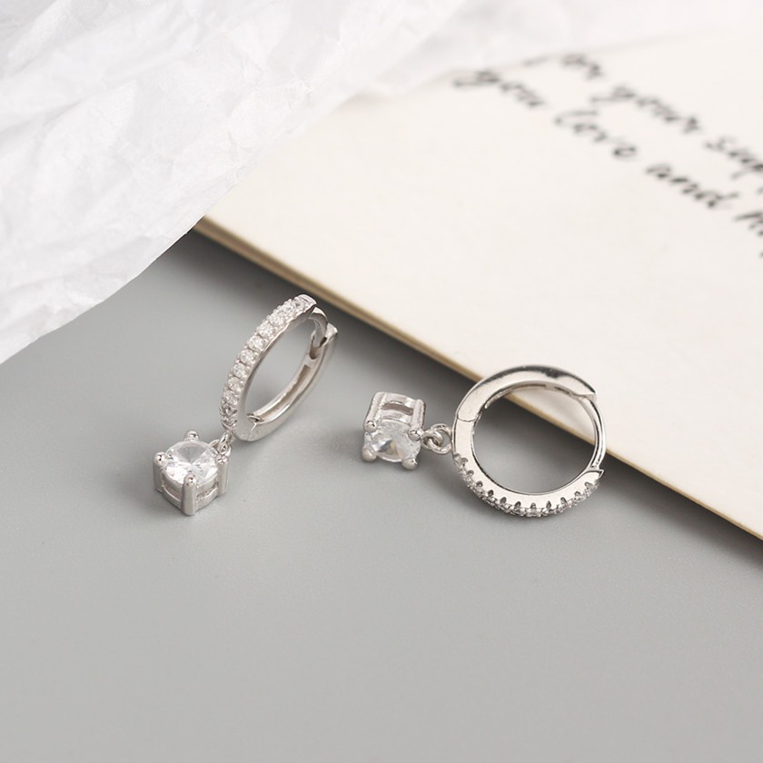 (silver 925)ต่างหูห่วงเพชรเงินแท้ ห้อยเพชร 1 เม็ด สวยมาก ขนาดวงใน 8.5 mm.(ราคาต่อ 1คู่)