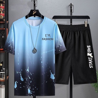 【M-5XL】เสื้อยืดแขนสั้น ไล่โทนสี กางเกงขาสั้น สีมัดย้อม สําหรับผู้ชาย