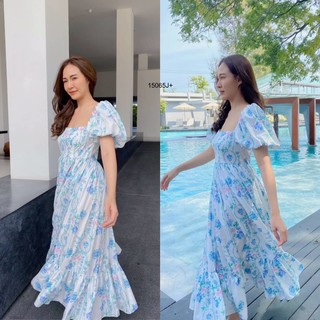 🦋💕เดรสเที่ยว ไปทะเล Maxi Dress แม็กซี่เดรสแขนบอลลูน ผ้า 100D พิมพ์ลายดอกไม้ ชายเดรสระบาย