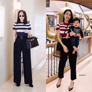 👗Pfashion [ส่งไว!!🚛] P8228 Set 2 ชิ้น เสื้อคอปริ้ว + กางเกงขายาว + สายผูกเอว  Set of 2 pieces. Striped shirt +