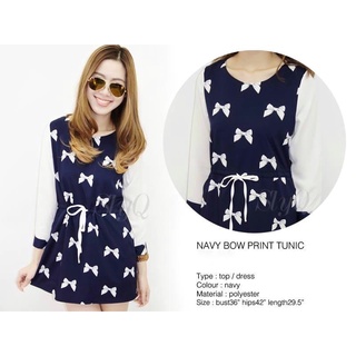 (ส่งฟรี) Slyq brand กระโปรงเดรส Navy bow print tunic