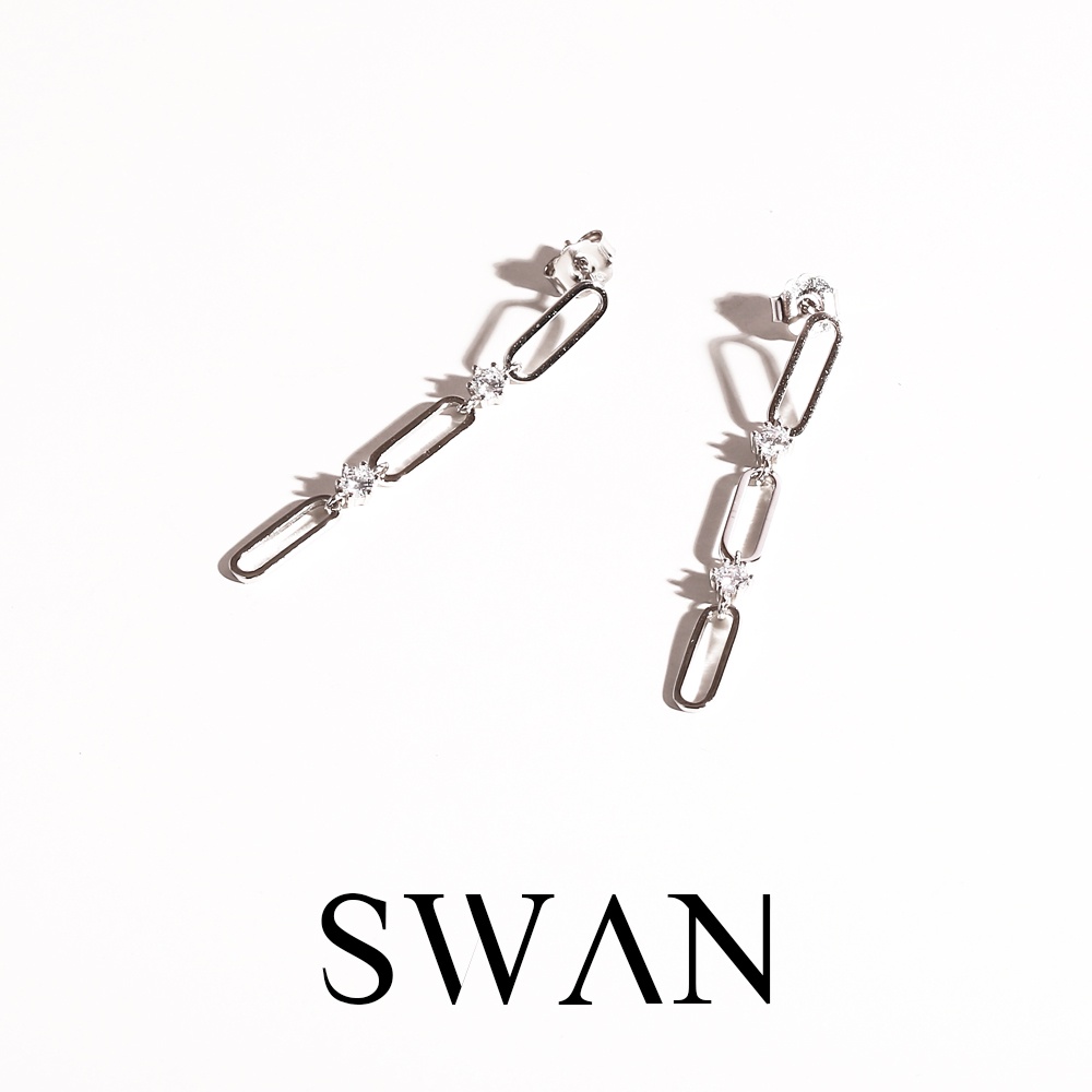 [ส่งด่วนฟรี]SWAN - Small Chain Stone Earring ต่างหูโซ่ เงินแท้ แบบเจาะ ฝังเพชรคิวบิกเซอร์โคเนีย