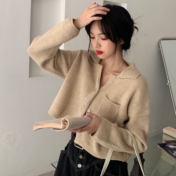 เสื้อคาร์ดิแกนกันหนาว แขนยาว ผ้าถัก สไตล์วินเทจ สีพื้น สําหรับผู้หญิง