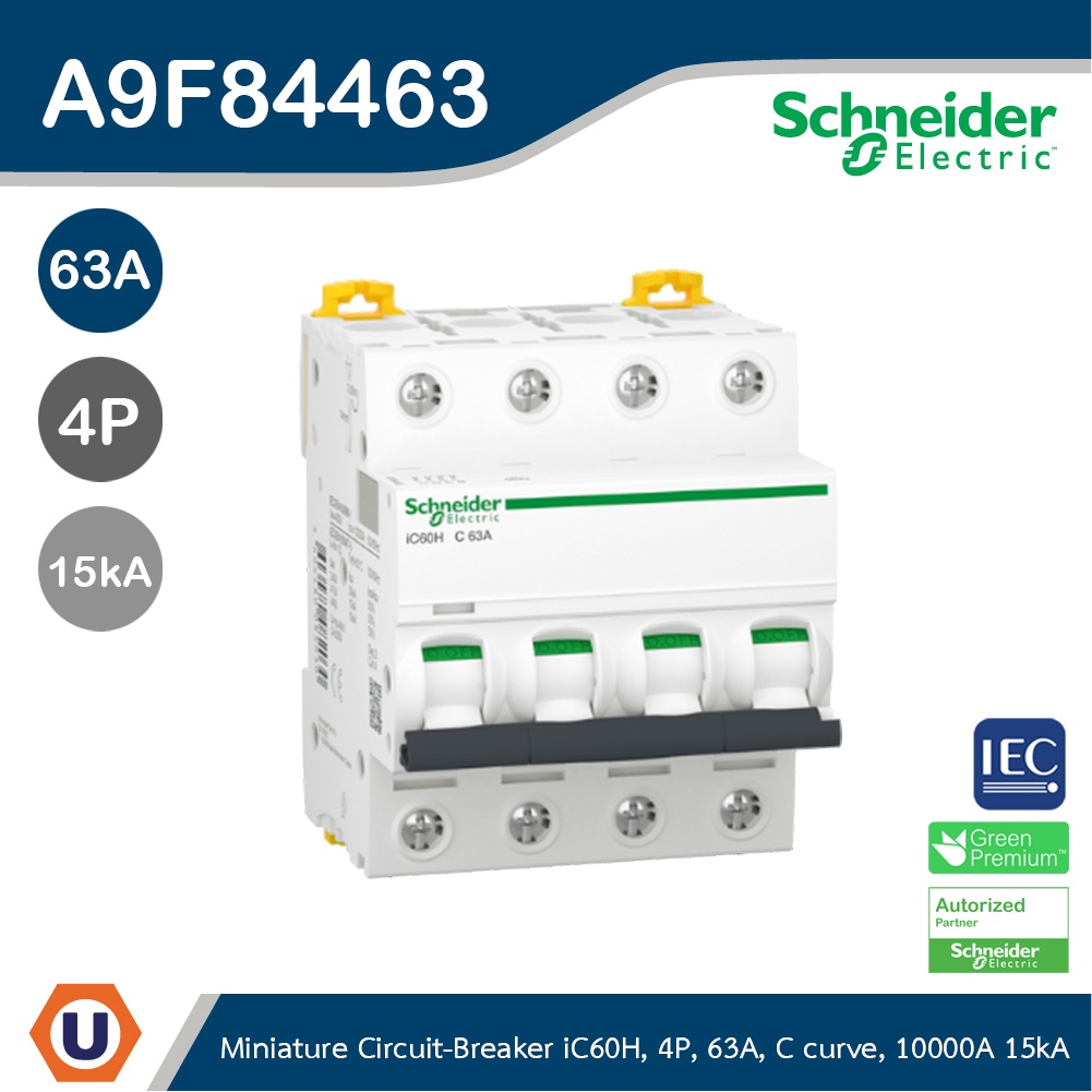 Schneider A9F84463 Miniature Circuit-Breaker, Acti9 iC60H, 4P 63 A, C Curve, 10000 A (IEC 60898-1), 