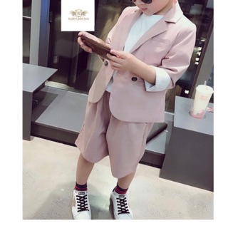 Pink Boy Suit สูทเด็ก ขาสั้น เซทเสื้อสูท+กางเกง สีชมพูพาสเทล และสีดำ ขนาด 7, 9, 11, 13, 15, 17 (ประมาณ 2-11 ปี)