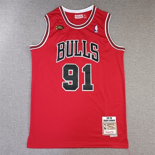 1997-98 NBA Chicago Bulls รองเท้าลําลอง สําหรับผู้ชาย # เสื้อกีฬาบาสเก็ตบอล ปักลายโลโก้ Dennis Rodman 91 สีแดง สไตล์วินเทจ