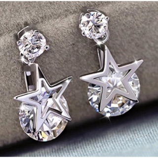 Hot Sale!!!Chic Double CZ  &amp; Star Silver Earring ต่างหู