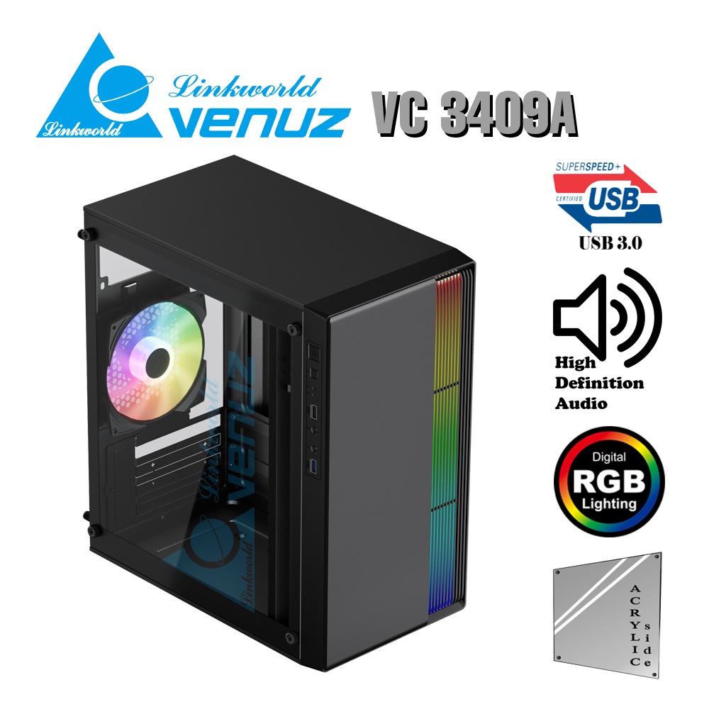 VENUZ micro ATX Computer Case VC 3409A with RGB LED Lighting &amp; 120mm Rainbow RGB Fan – Black