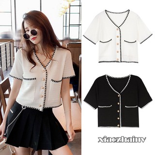 Xiaozhainv คาร์ดิแกนถัก ทรงครอป คอวี แขนสั้น
