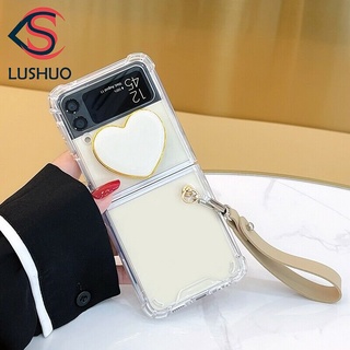 Lushuo เคสโทรศัพท์มือถือหนัง แบบใส ปิดด้านหลัง ลายหัวใจ พร้อมสายคล้องมือ สําหรับ Samsung Galaxy Z Flip 4 3 2 1 Z Flip3 ZFlip3 ZFlip 3 Z Flip4 Flip1 Flip2