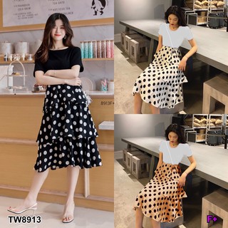 J8913 Dress เดรส กระโปรงขนมชั้น ลายจุด