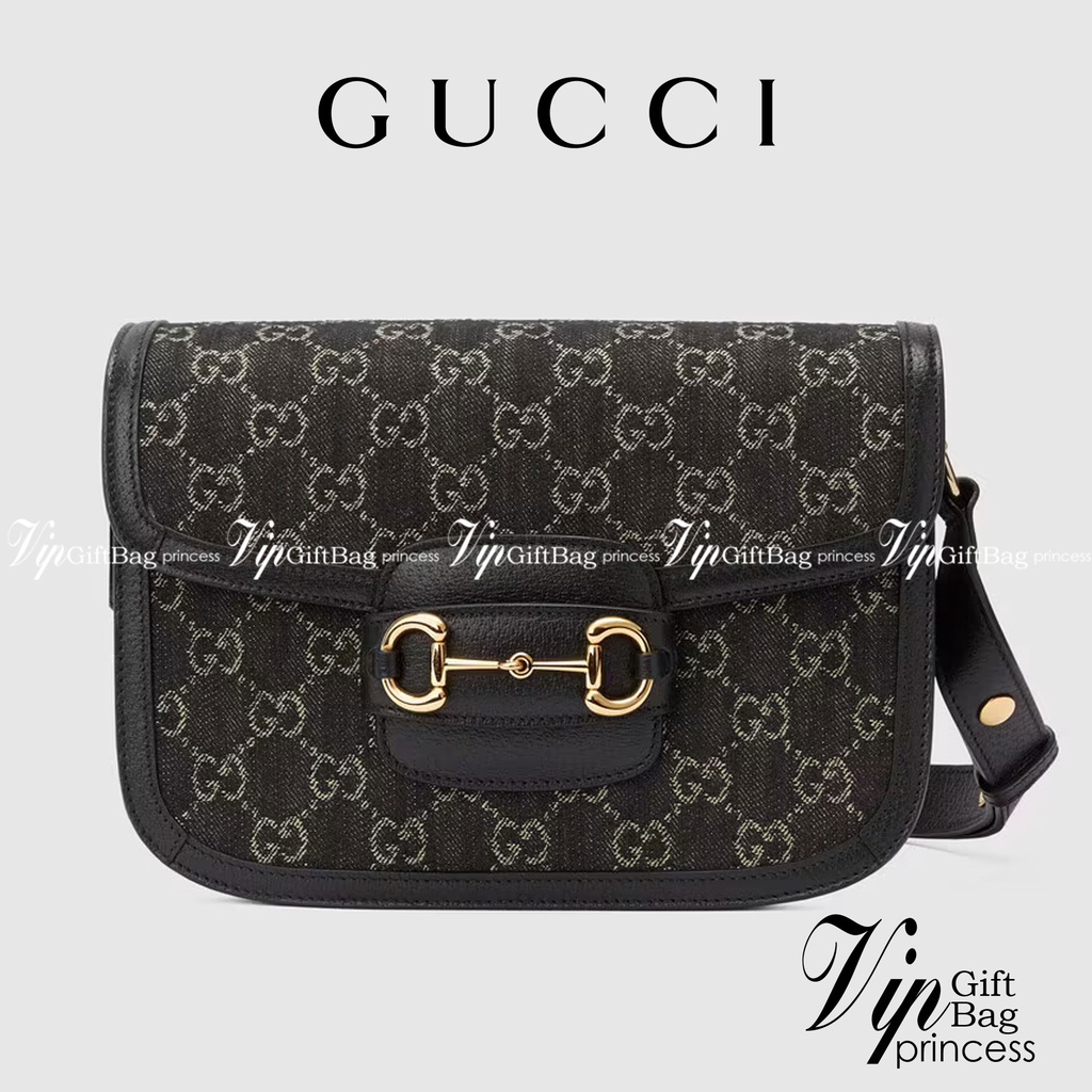 หนังแท้ G.ucci Horsebit 1955 shoulder bag Black and ivory GG denim jacquard สีดำเดนิมสวยมากกกก มีมาน