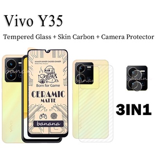 (3 In 1) VIVO Y35 Y 35 Y02S กระจกนิรภัยกันรอยหน้าจอ + ฟิล์มกล้อง + ฟิล์มด้านหลัง สําหรับ VIVO Y73 Y21 Y33S Y76 Y01 1906 ฟิล์มเซรามิคฝ้า ฟิล์มนิ่ม