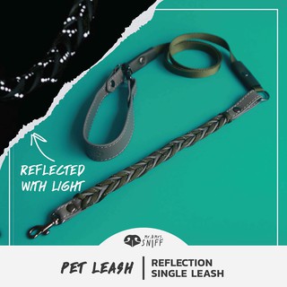 สายจูงสัตว์เลี้ยงสะท้อนแสง Reflective night safe pet leash หนังนิ่มแท้+ไนล่อน ความยาว 115 cm สายจูงสุนัข | Mr.&amp;Mrs.Sniff