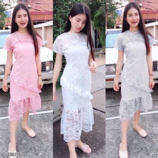 2061 แม็กซี่เดรสคอกลมแขนสั้น งานผ้าลูกไม้