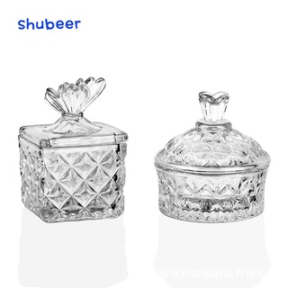 ins wind retro embossed petal cover glass candy jar ที่เก็บเครื่องประดับ square butterfly wedding candy jar coffee jar