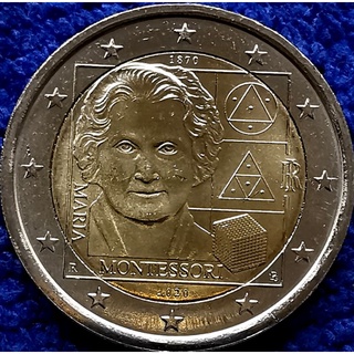 เหรียญ​ยูโร​ อิตาลี​ Italy, 2​ Euro, (ที่ระลึก​วันเกิด150ปี Maria Montessori), #1928T, ไม่​ผ่าน​ใช้​ UNC