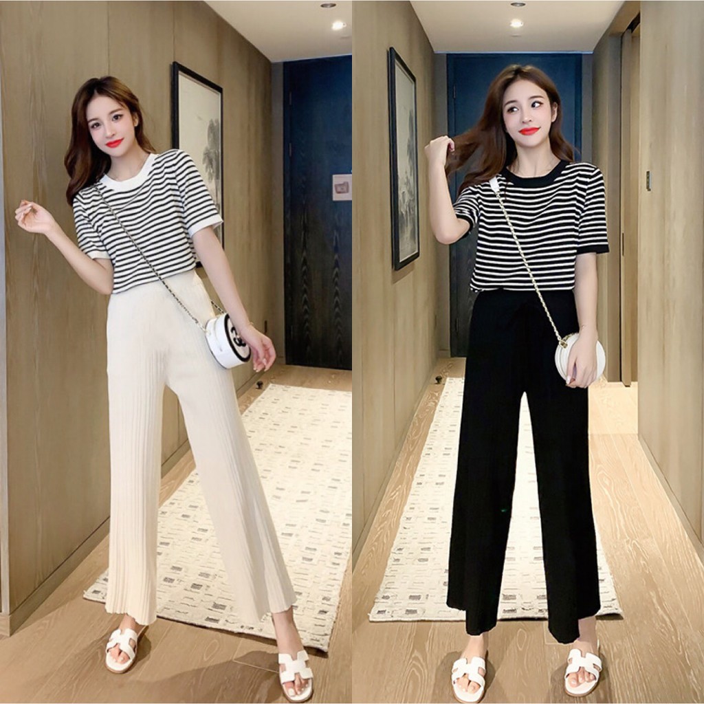 Cicishop(พร้อมส่ง)ชุดเซตไหมพรม เสื้อแขนสั้นลายทาง+กางเกงขายาว(3062)